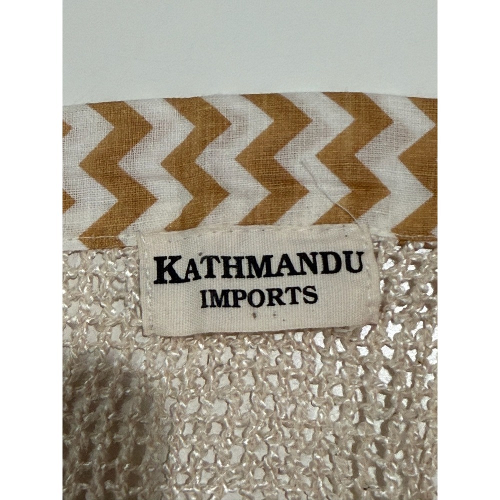 Kathmandu Imports Beige Open Knit Kimono Cardigan Chevron Trim Fringe One Size - Picture 7 of 10